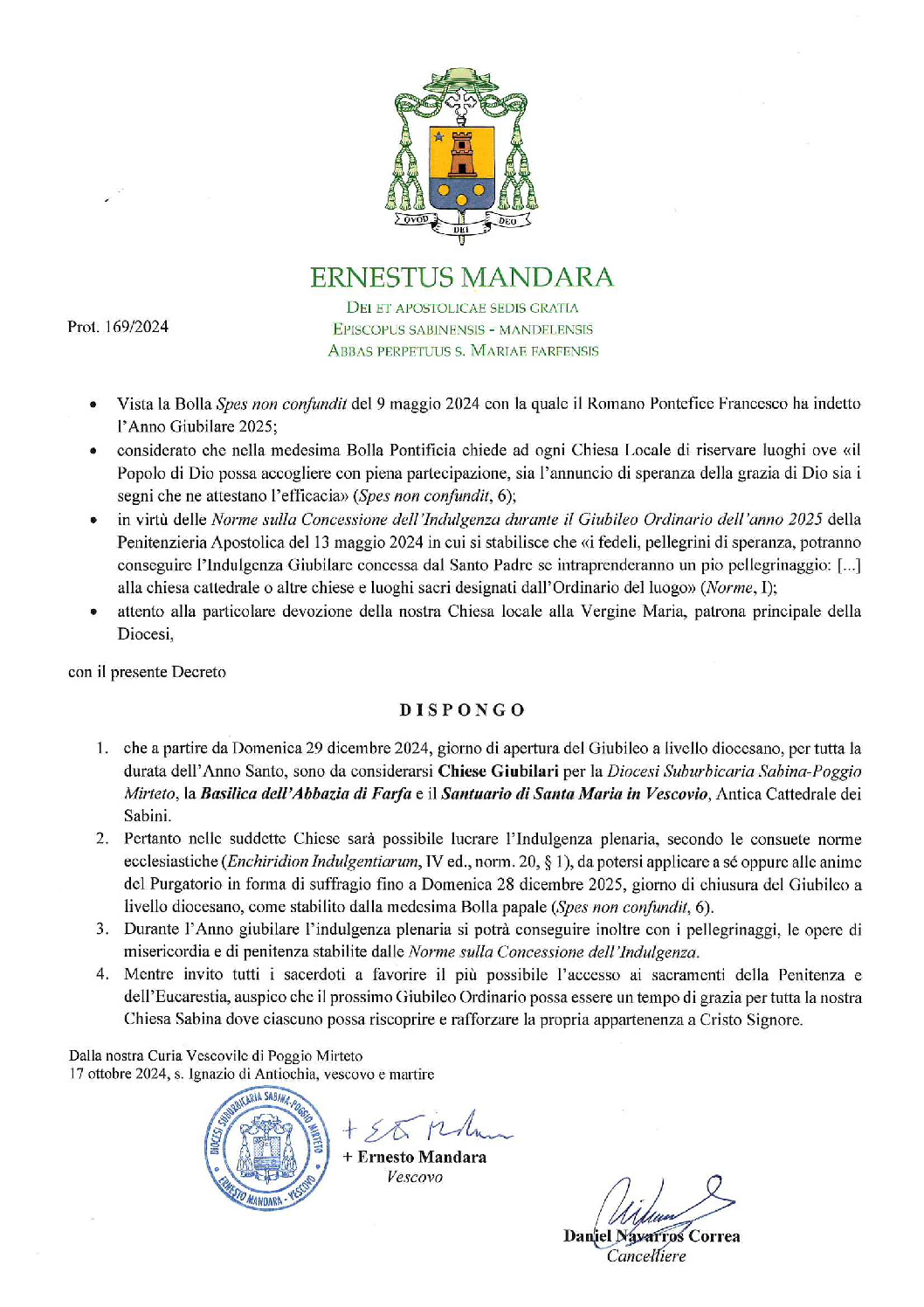 Decreto di nomina del Santuario “Madonna di Vescovio” a Chiesa Giubilare (prot. n. 169/2024)